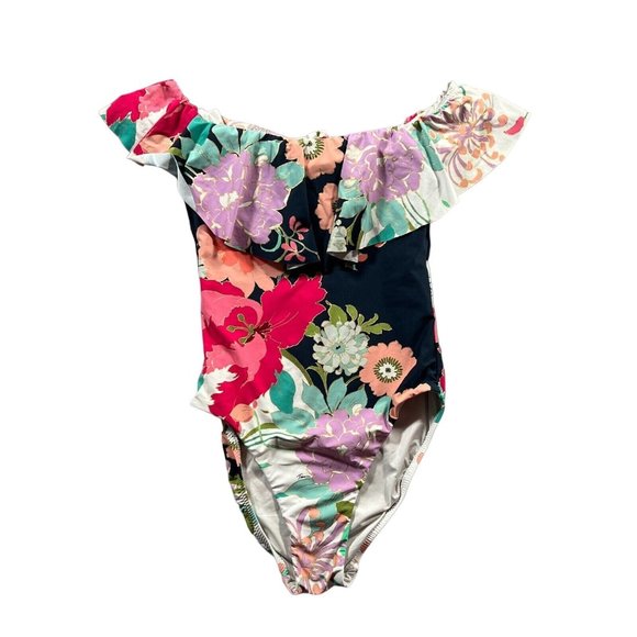 Trina Turk Swimsuit Womens 6 Blue Pink Off The Shoulder Royal Botanical Print - Picture 1 of 16